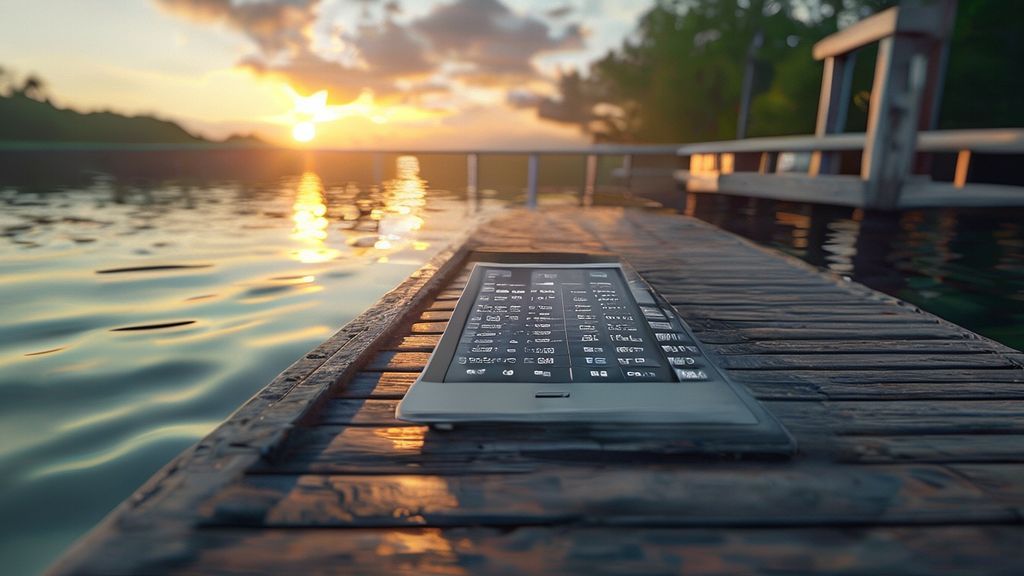 Professional dock cost calculator on tablet at waterfront with wooden dock at sunset