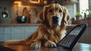 Golden retriever beside tablet showing dog food cost calculator for pet nutrition budgeting