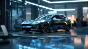 Tesla Model 3 in a modern office setting with financial charts, symbolizing rental profitability analysis on Turo.