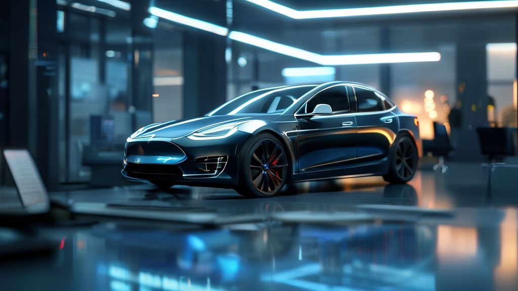 Tesla Model 3 in a modern office setting with financial charts, symbolizing rental profitability analysis on Turo.