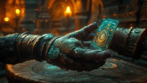 Tarnished warrior using holographic Elden Ring build calculator in Roundtable Hold