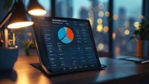 Event cost calculator on tablet in a professional office setting.