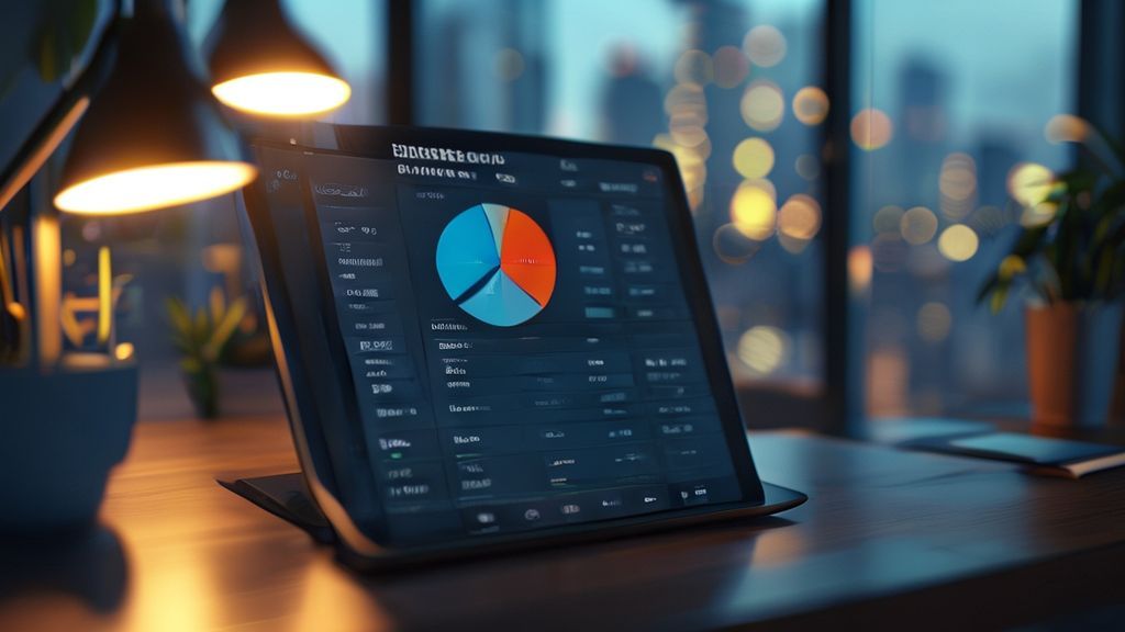 Event cost calculator on tablet in a professional office setting.