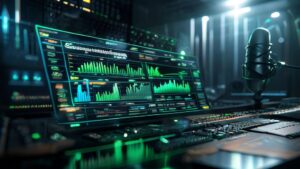 Futuristic holographic streaming revenue calculator interface in a studio