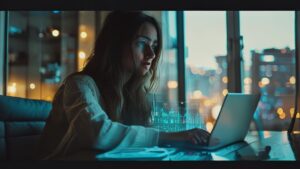 Woman analyzing dating expectations with holographic calculator data in modern apartment