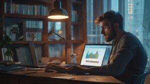 Man analyzing female delusion calculator data on laptop in modern office