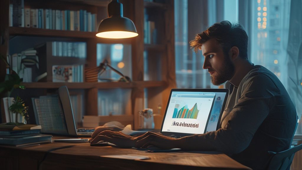 Man analyzing female delusion calculator data on laptop in modern office