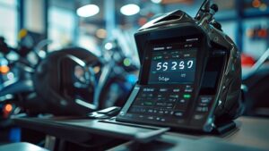 Motorcycle dashboard with digital refinancing calculator and helmet, professional photography