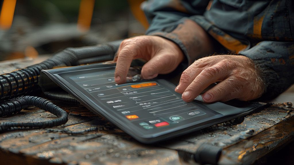 Contractor using a French drain cost calculator on a tablet with project materials.