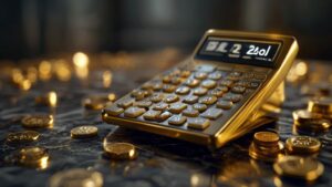 Professional gold calculator displaying real-time gold valuation on a marble surface