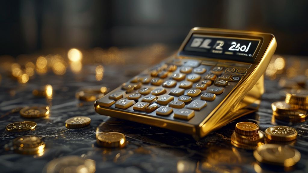 Professional gold calculator displaying real-time gold valuation on a marble surface