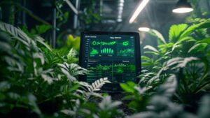 Digital tablet showing grow light cost calculator over hydroponic garden