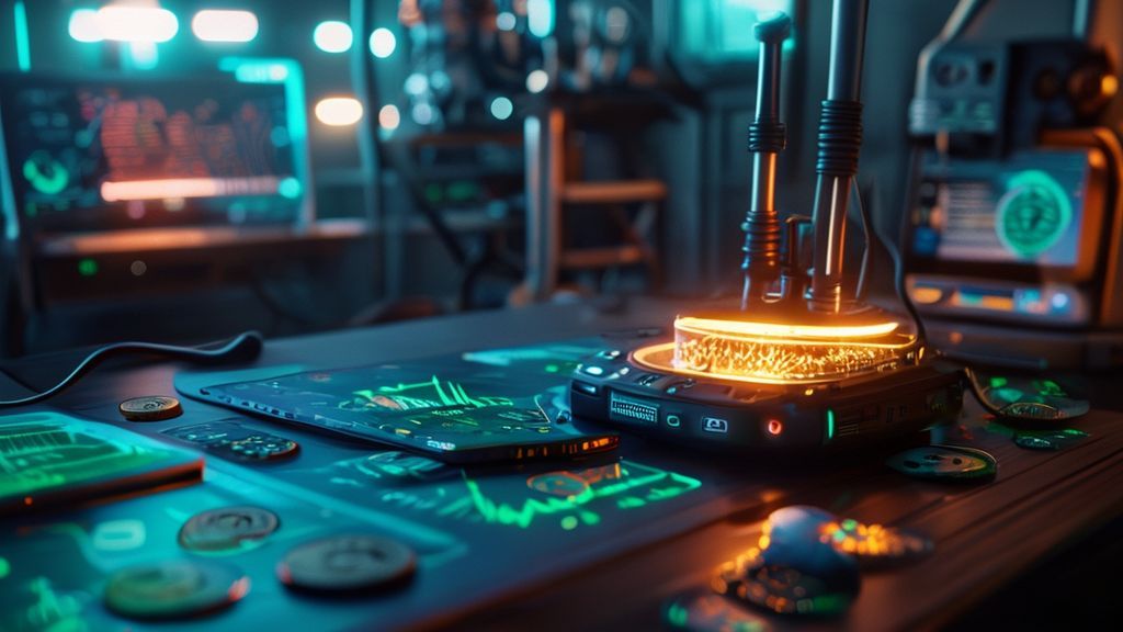 Helium mining hotspot with holographic profit calculator overlay maximizing HNT earnings