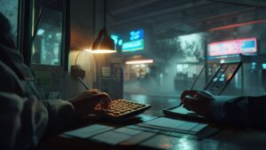 Financial dashboard at gas station showing daily net profit calculation with accountant hands