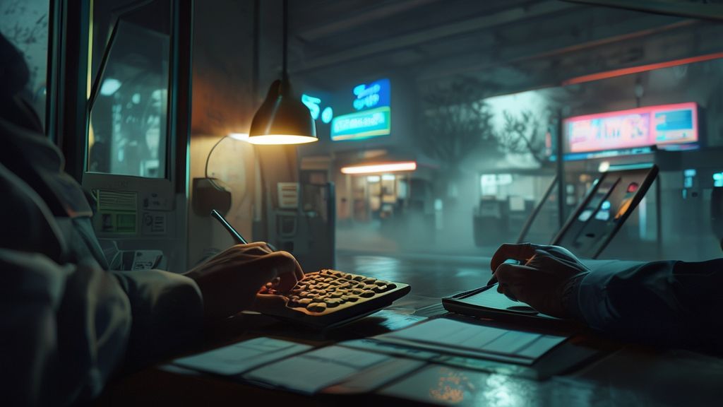 Financial dashboard at gas station showing daily net profit calculation with accountant hands