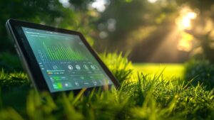 Hydroseeding cost calculator on tablet over lush green lawn