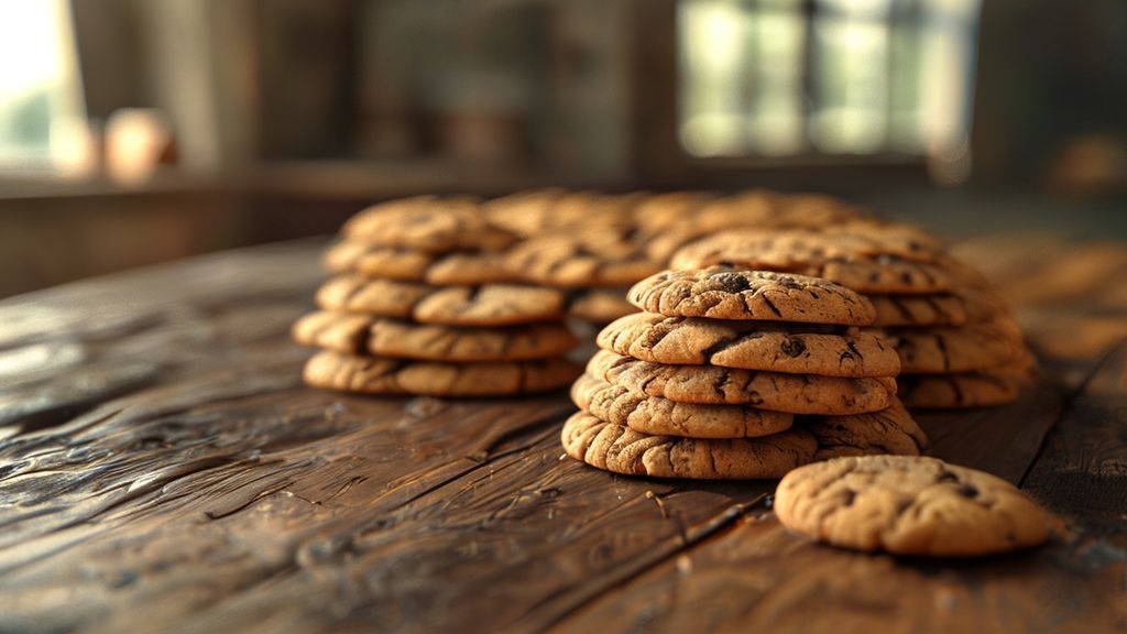 36 chocolate chip cookies stacked in a grid pattern on a wooden table, representing bulk purchase math.