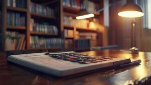 Professional financial calculator and ledger on a desk, symbolizing business expense analysis.