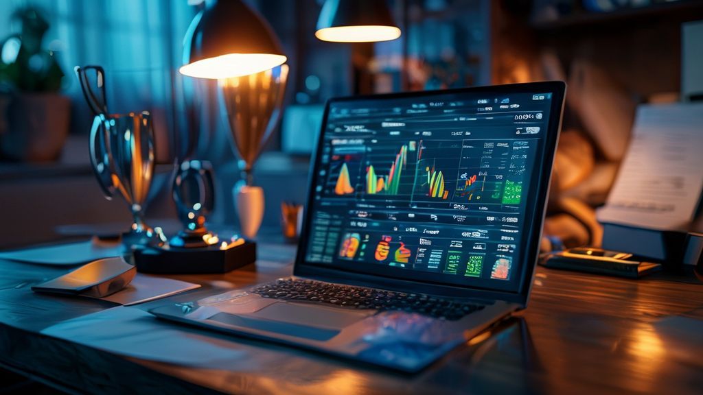 Fantasy football keeper calculator dashboard on laptop with trophy and draft board