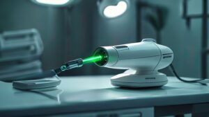 Sleek laser hair removal device with green beam on medical desk