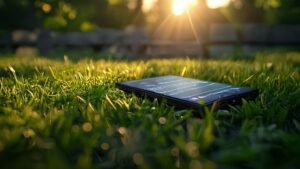 Smartphone showing lawn mowing cost calculator on a pristine green lawn