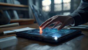 Professional using a digital material cost calculator on a smartphone over blueprints for project budgeting.