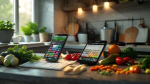 Smartphone meal prep cost calculator with fresh ingredients on kitchen counter