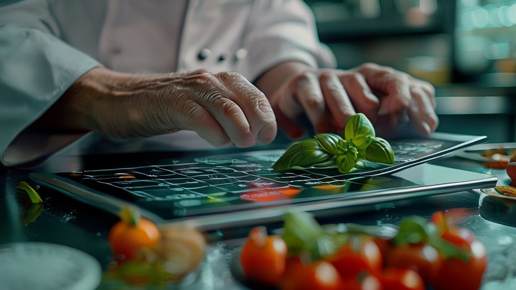 Chef calculating menu costs with a digital calculator for maximum restaurant profit