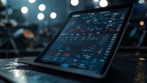 Movie profit calculator interface predicting film success on a tablet in a studio setting