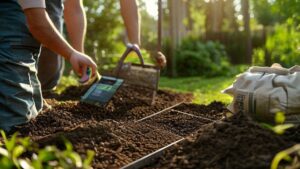 Landscaper using mulch installation cost calculator in garden with mulch bags and tools