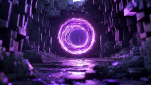 Photorealistic Minecraft Nether portal with coordinate calculator overlay in a dark cave.