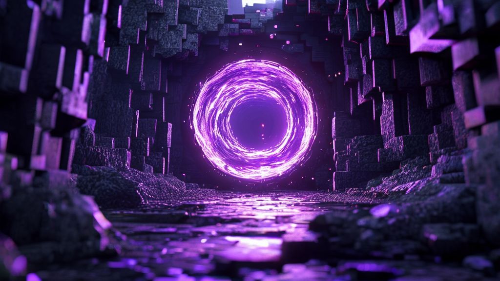 Photorealistic Minecraft Nether portal with coordinate calculator overlay in a dark cave.