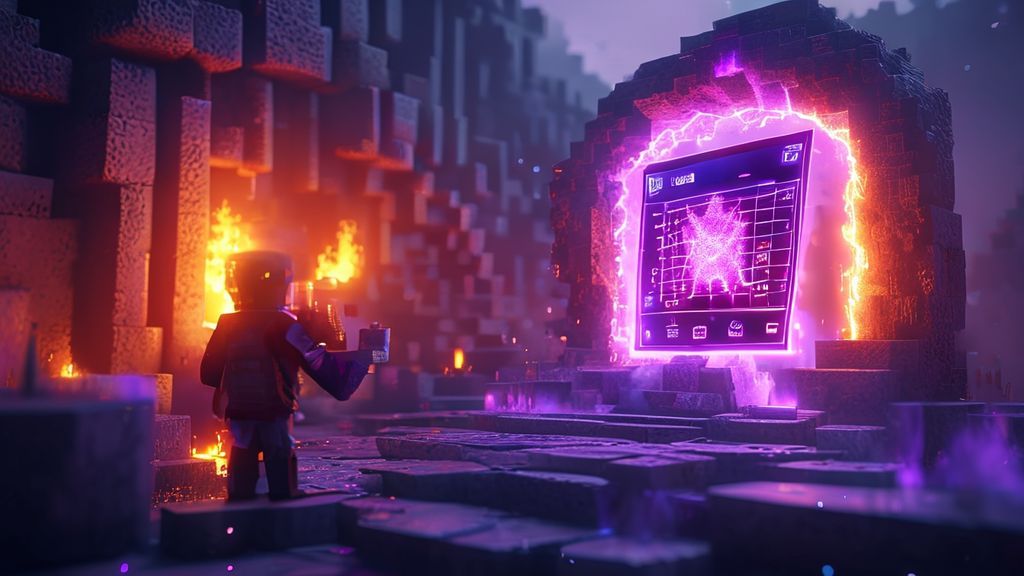 Minecraft player using holographic nether portal calculator with glowing obsidian portal
