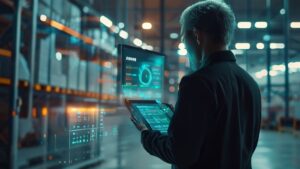 Fleet manager analyzing operating cost per mile calculator on tablet