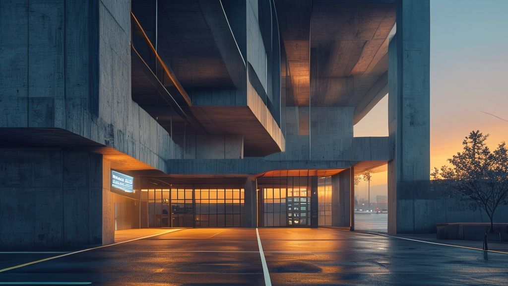 Modern parking garage exterior at dusk with digital cost calculator overlay