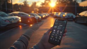 Smartphone showing Parking Revenue Calculator app in a modern parking lot at sunset.
