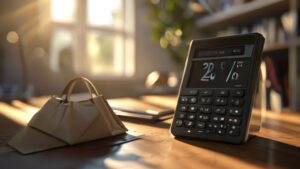 Digital percent off calculator on desk with shopping items, symbolizing discount savings.