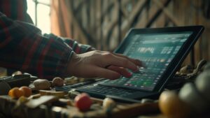 Farmer using pig profit calculator on tablet in barn for data-driven pork farming