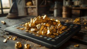 Placer gold value calculator on tablet with raw gold nuggets on wooden table