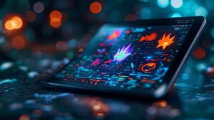 Futuristic Pokemon type calculator tablet with holographic matchup chart for battle strategy.