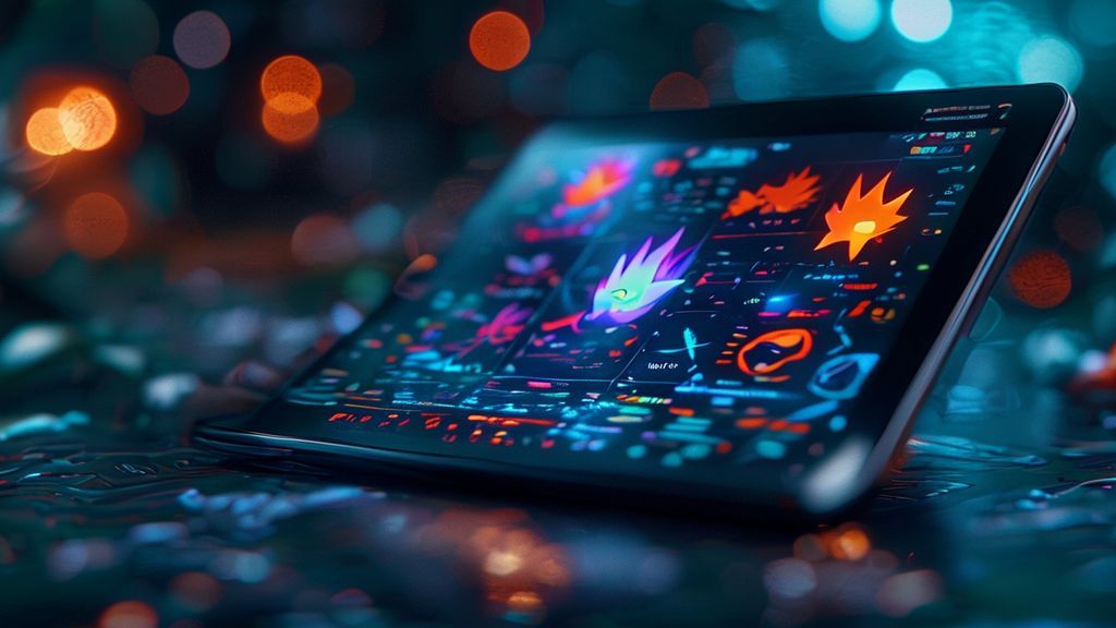 Futuristic Pokemon type calculator tablet with holographic matchup chart for battle strategy.