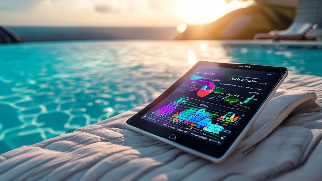 Tablet showing pool cost calculator next to luxury swimming pool at sunset