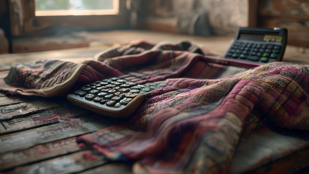 Handmade quilt with calculator and fabric swatches for pricing guide