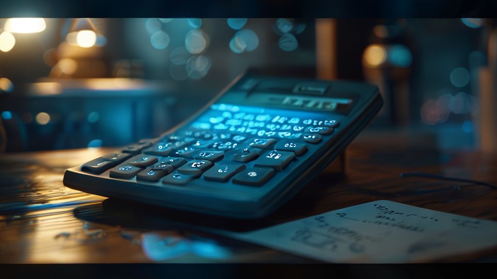 Sleek calculator solving complex radical equations on a wooden desk with glowing screen