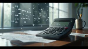 Scientific calculator showing radical expression simplification on a desk with graph paper