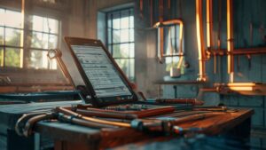 Plumber reviewing repipe cost calculator on tablet during home renovation