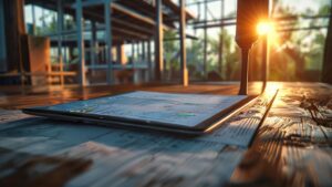 Homeowner reviewing blueprints and digital replacement cost calculator to avoid underinsurance.