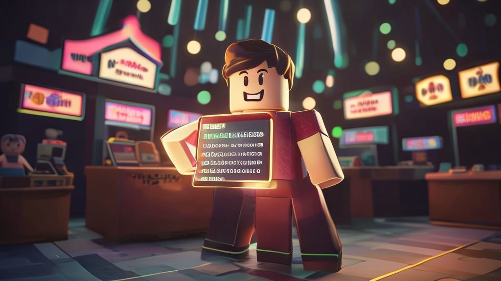 Roblox avatar using donation calculator at virtual charity event with glowing tablet interface