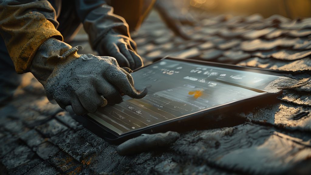 Hands holding a tablet with a roofing cost calculator on a roof