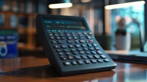 Sage Calculator on desk showing financial graphs in professional office setting